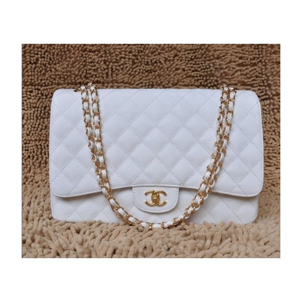 Chanel A47600 Flap Borse Classic Leather Grain Bianco Con Oro Hw