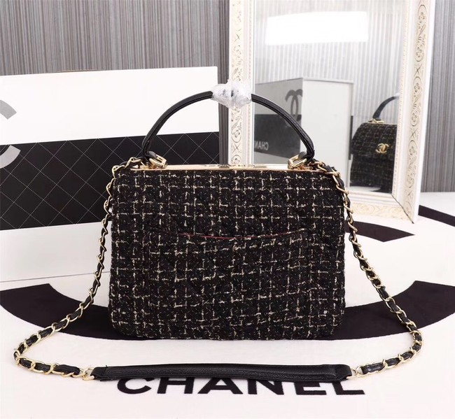 Chanel Calfskin Tweed & Gold-Tone Metal Tote Bag 36982 black