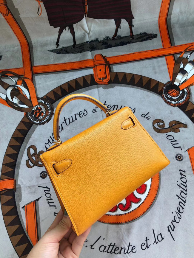 Hermes original mini Kelly chevre mysore K19CM Mango yellow&Gold Metal