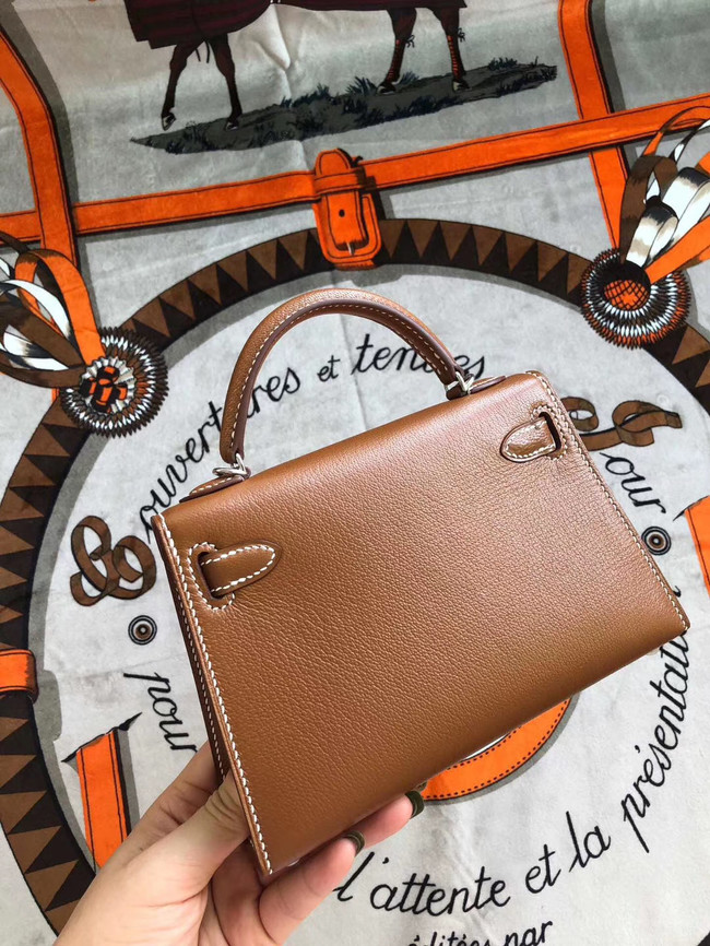 Hermes original mini Kelly chevre mysore K19CM brown&silver Metal