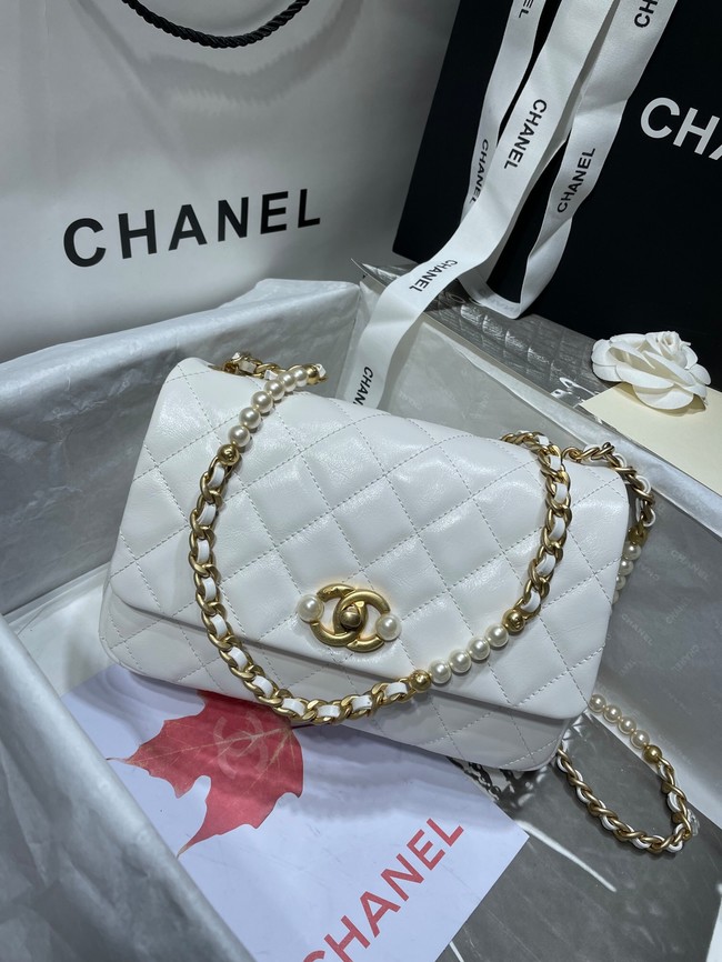 Chanel SMALL FLAP BAG Calfskin Imitation Pearls & Gold-Tone Metal AS3001 white