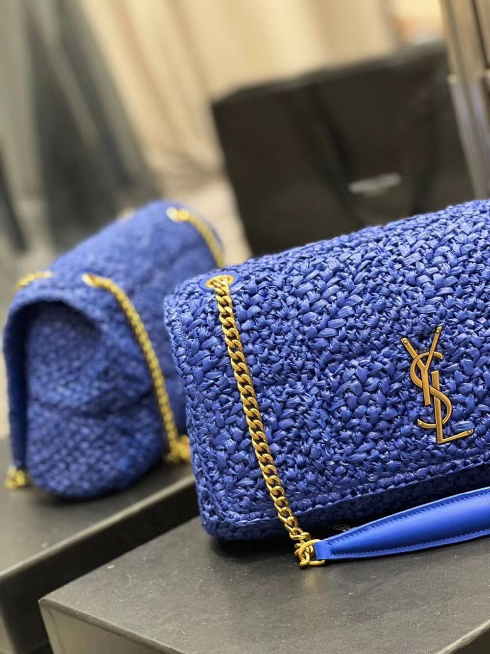 SAINT LAURENT JAMIE MEDIUM CHAIN BAG CARRE RIVE GAUCHE IN CROCHET RAFFIA AND SMOOTH LEATHER 515821 BLUE