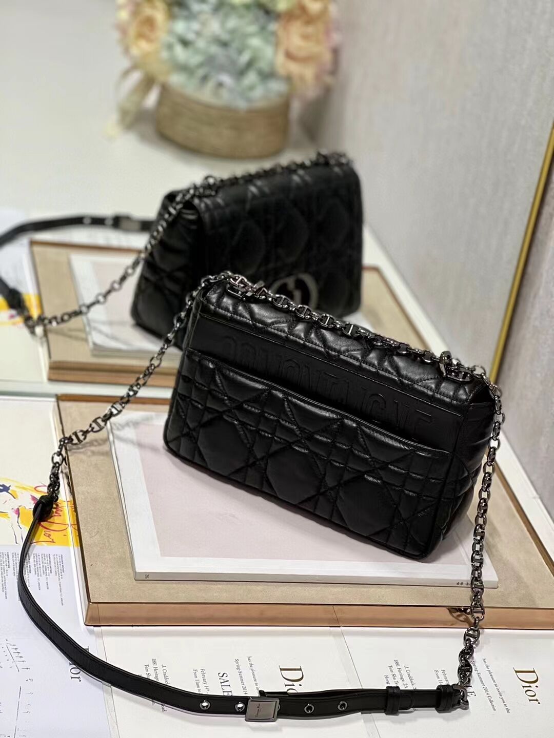 MEDIUM DIOR CARO BAG Supple Cannage Calfskin M9242U black&black