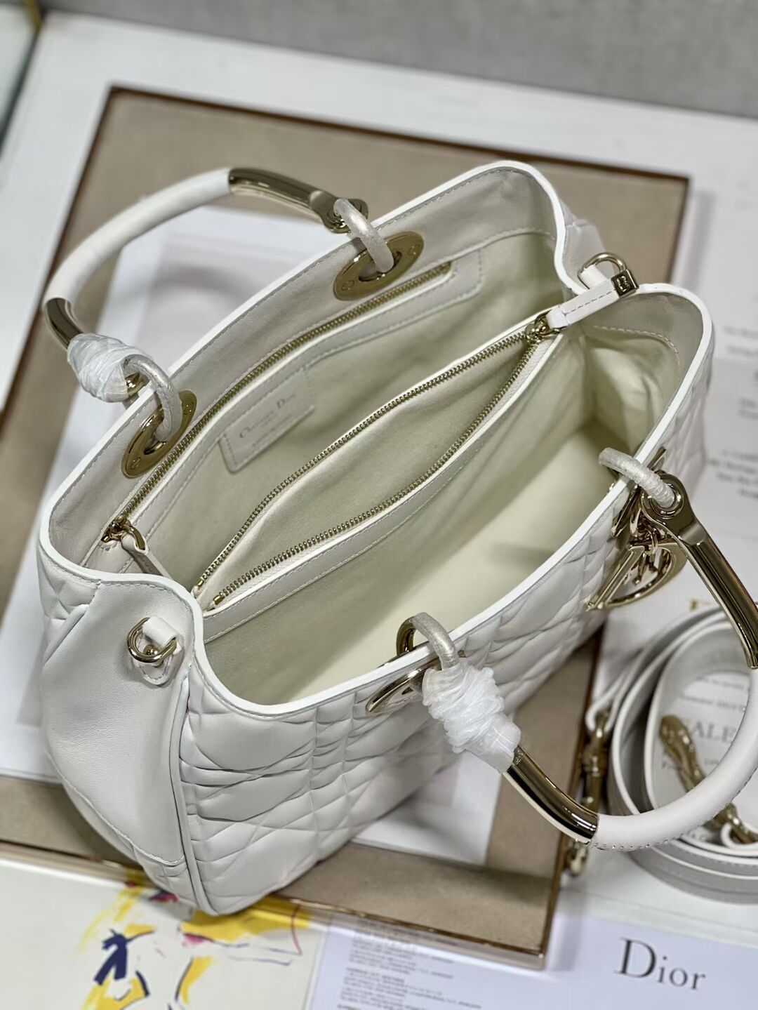 LADY DIOR TOP HANDLE MEDIUM BAG Latte Cannage Lambskin C9226 WHITE&GOLD
