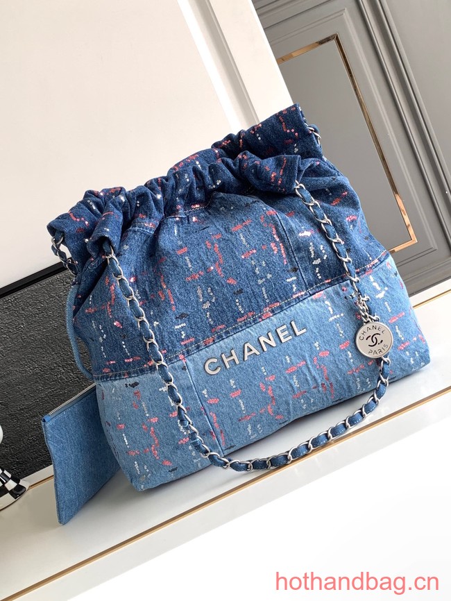 CHANEL 22 Shopping Bag Denim & Silver-Tone Metal AS3260 Blue