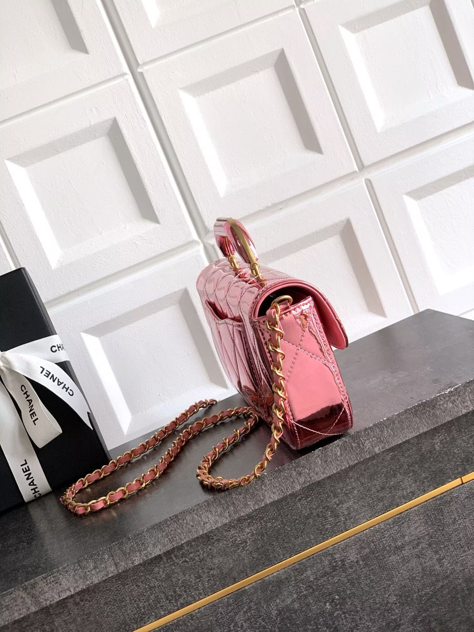 Chanel 25K Original Patent Leather Top Handle Bag A6321 Pink