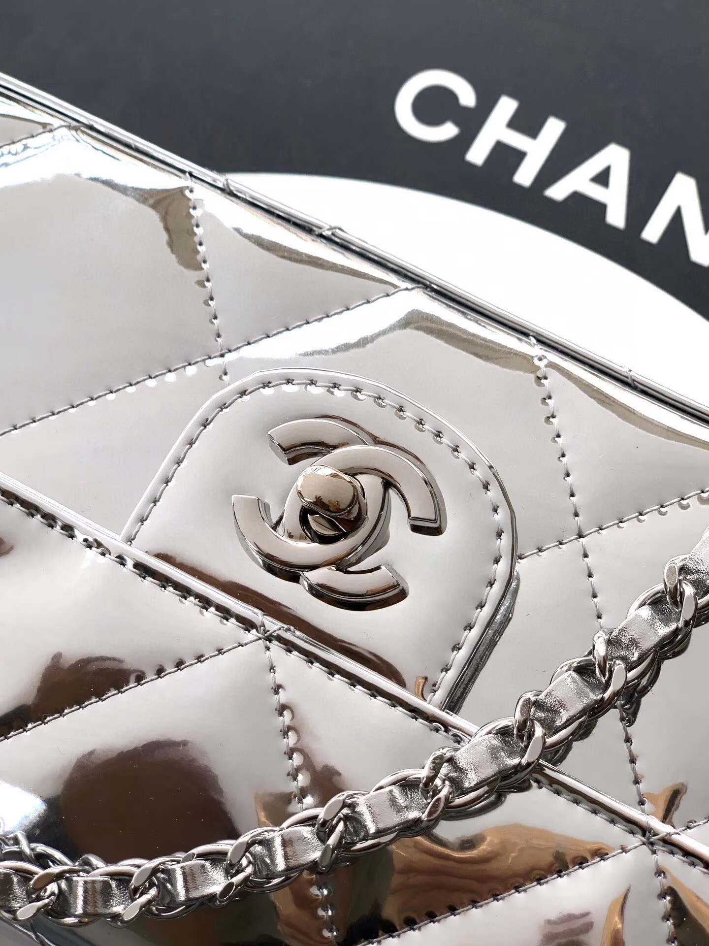 Chanel 25K Original Patent Leather Top Handle Bag A6321 Silver
