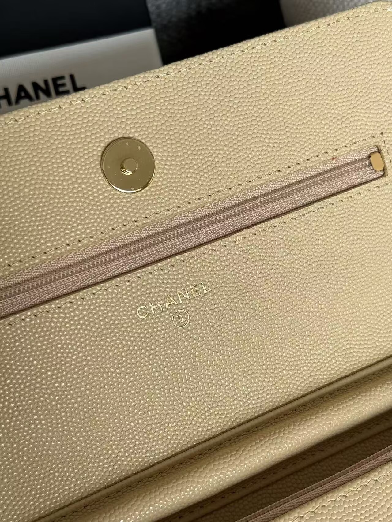 Chanel WOC Original Caviar Leather Flap cross-body bag CF33814 Beige Gold chain