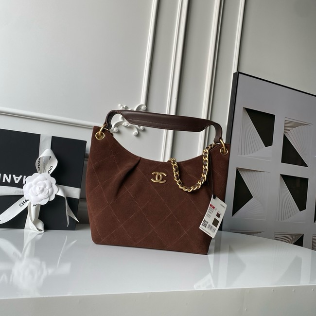 CHANEL Hobo Bag Suede Calfskin AS5970 Dark Brown