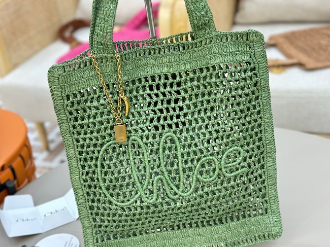 Chloe SUMMER straw and leather tote bag 0824P green