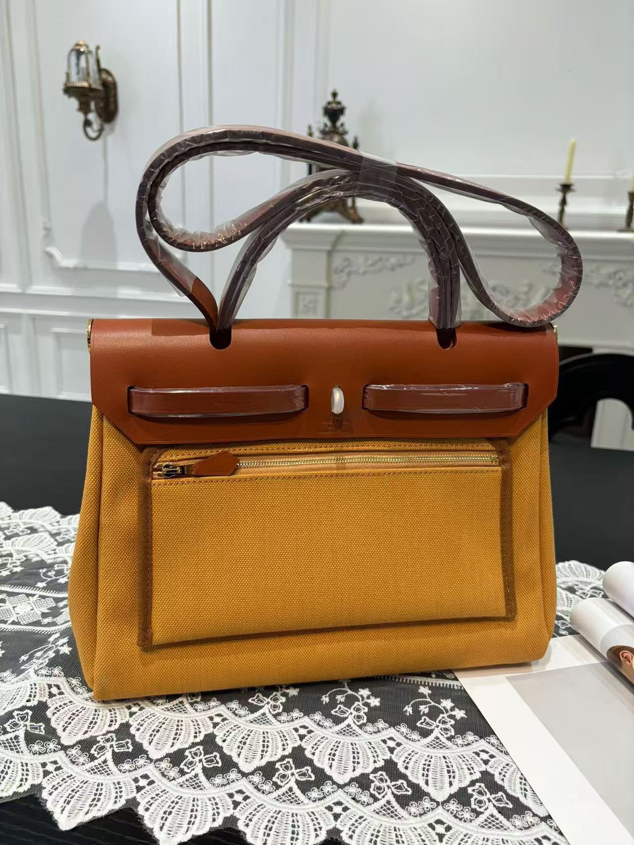 Hermes Herbag 31CM Original Canvas Leather & Calfskin 45987 Brown