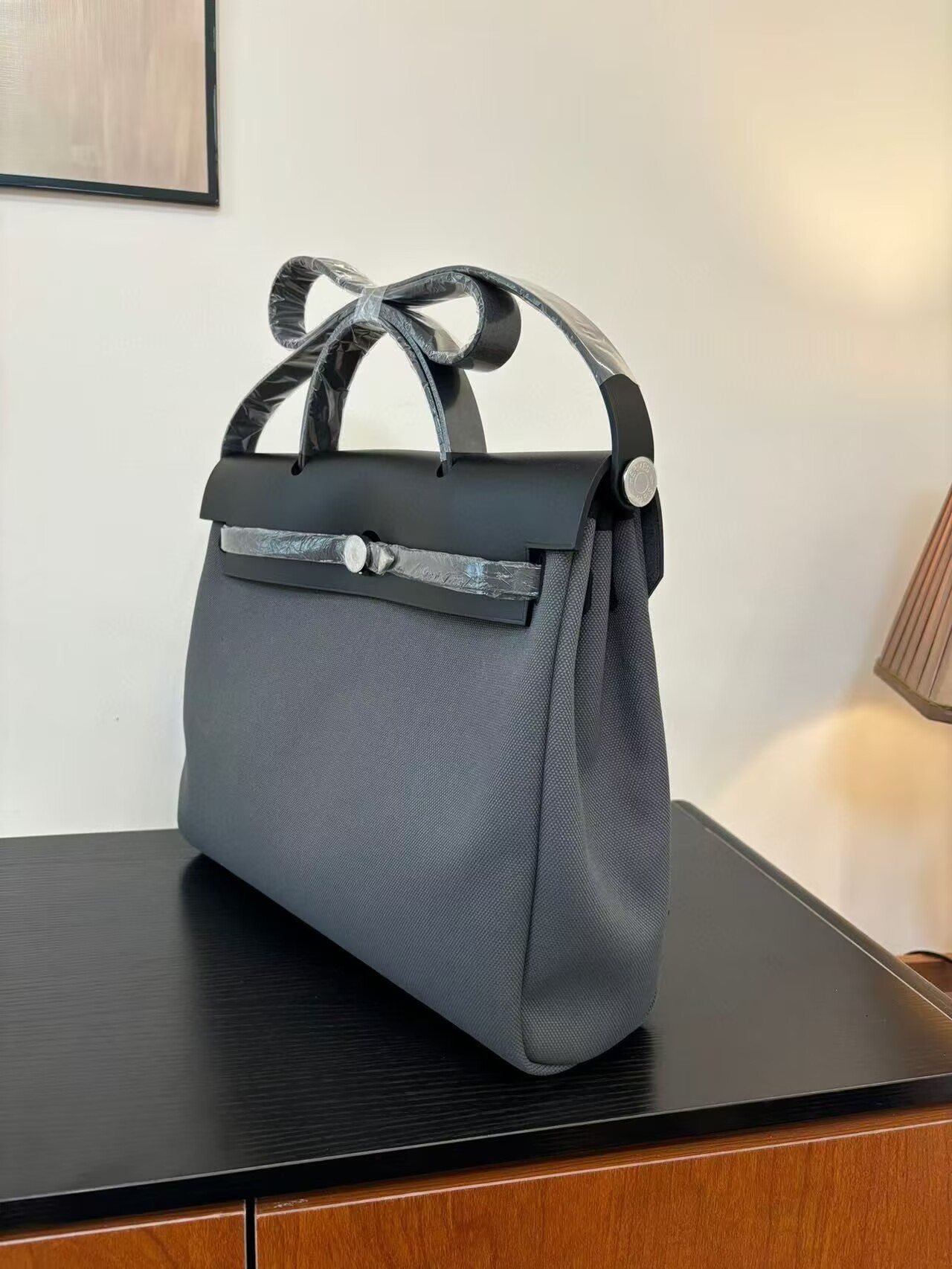 Hermes Herbag 31CM Original Canvas Leather & Calfskin 45987 Gray&Black