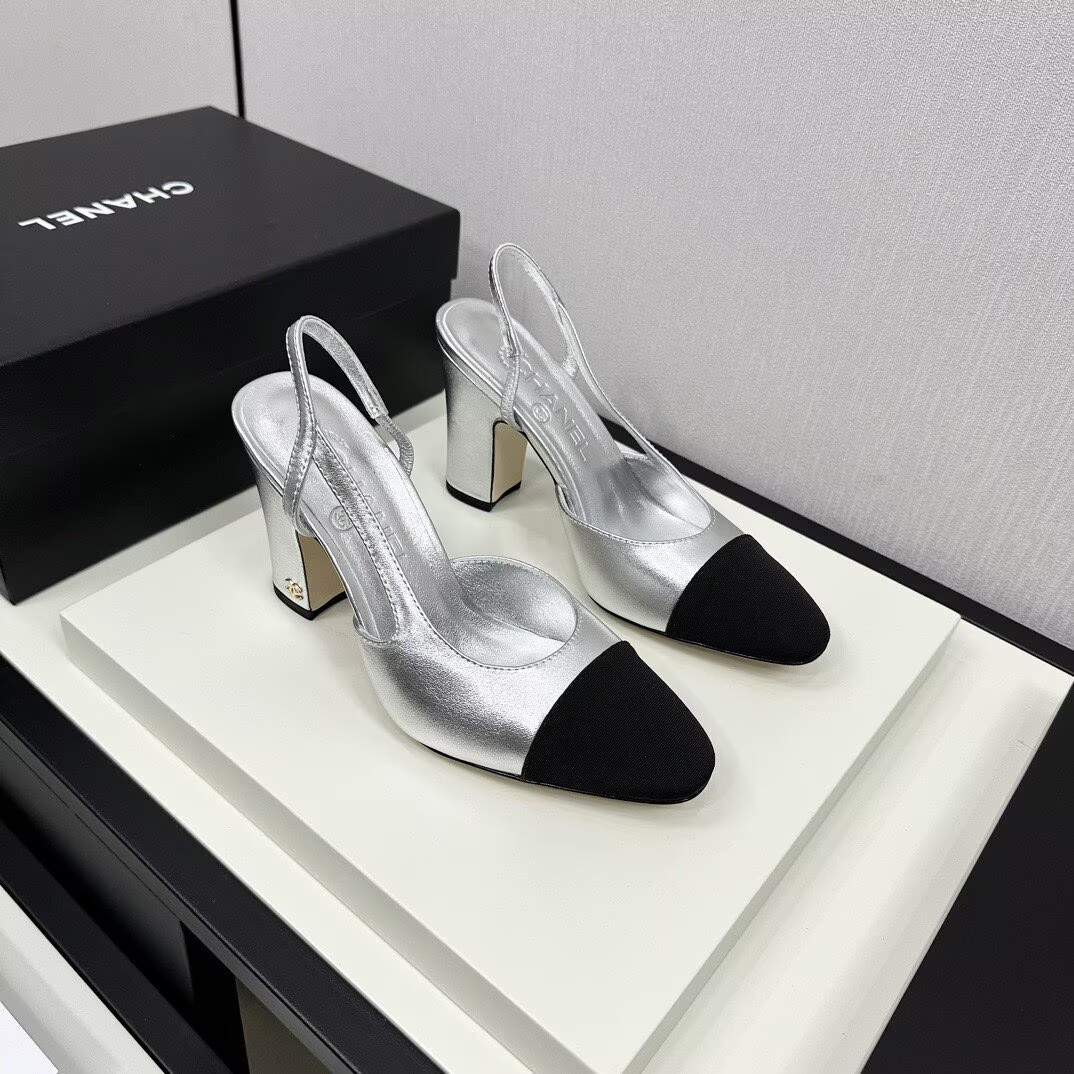 Chanel Sandals Calfskin Shoes 9CM Heels 63012 Silver
