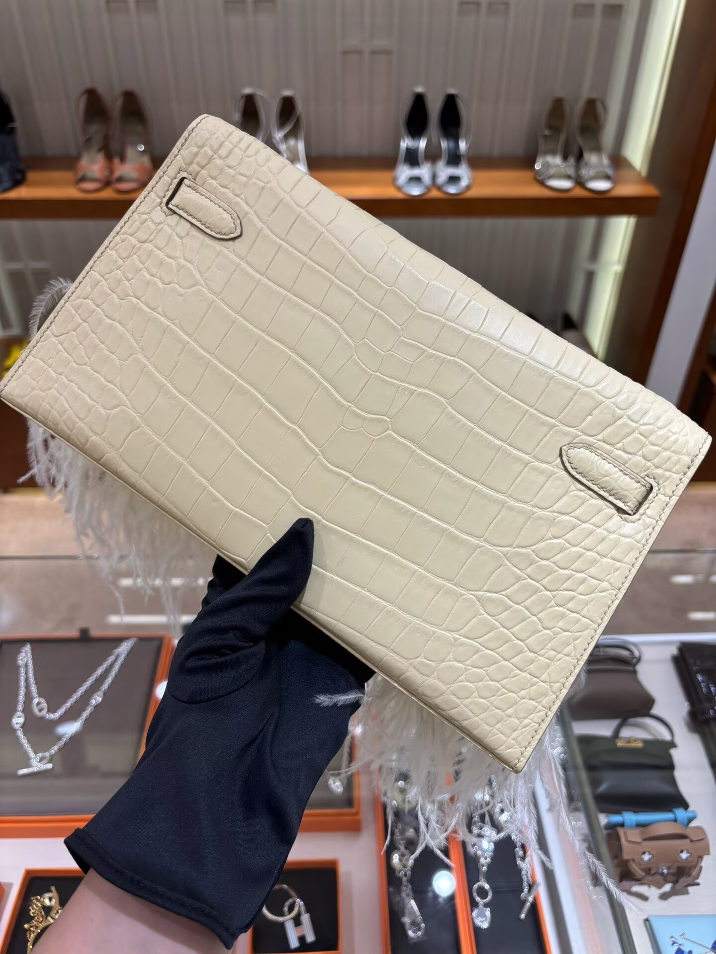Hermes Kelly Elan Original Crocodile Leather Ostich Feathers Bag 83210 Cream