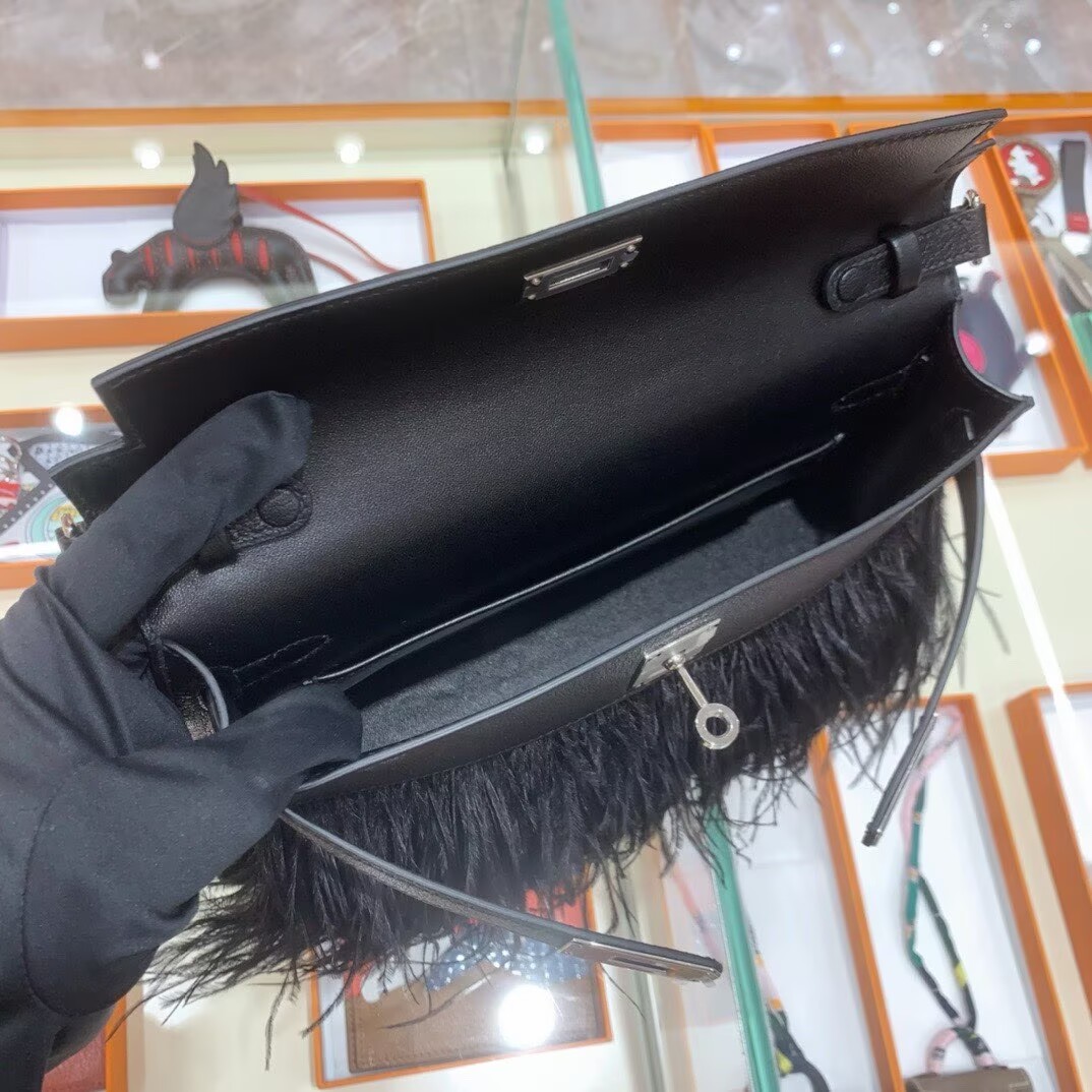 Hermes Kelly Elan Original Leather Ostich Feathers Bag 83210 Black