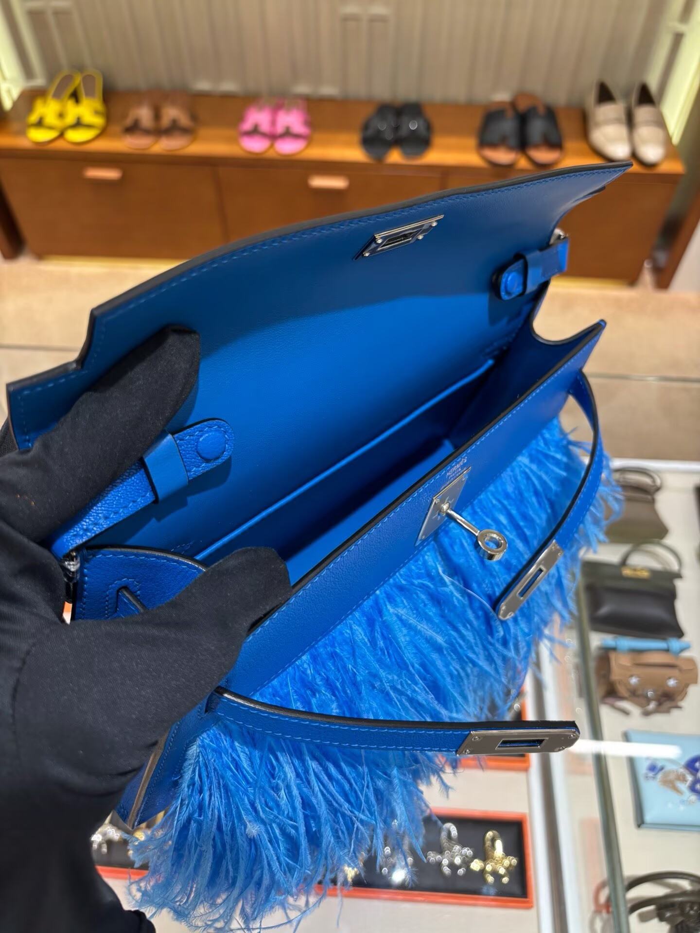 Hermes Kelly Elan Original Leather Ostich Feathers Bag 83210 Blue