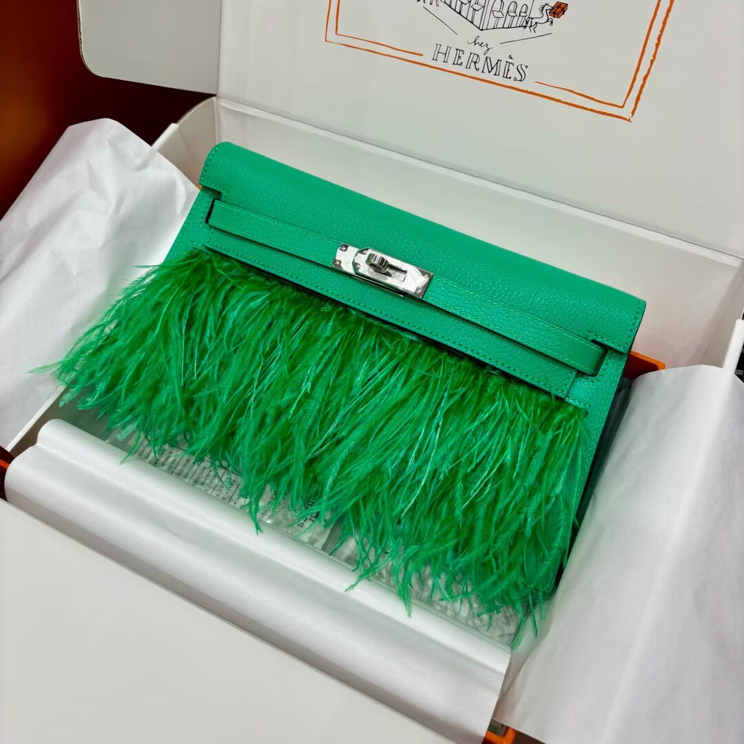 Hermes Kelly Elan Original Leather Ostich Feathers Bag 83210 Green