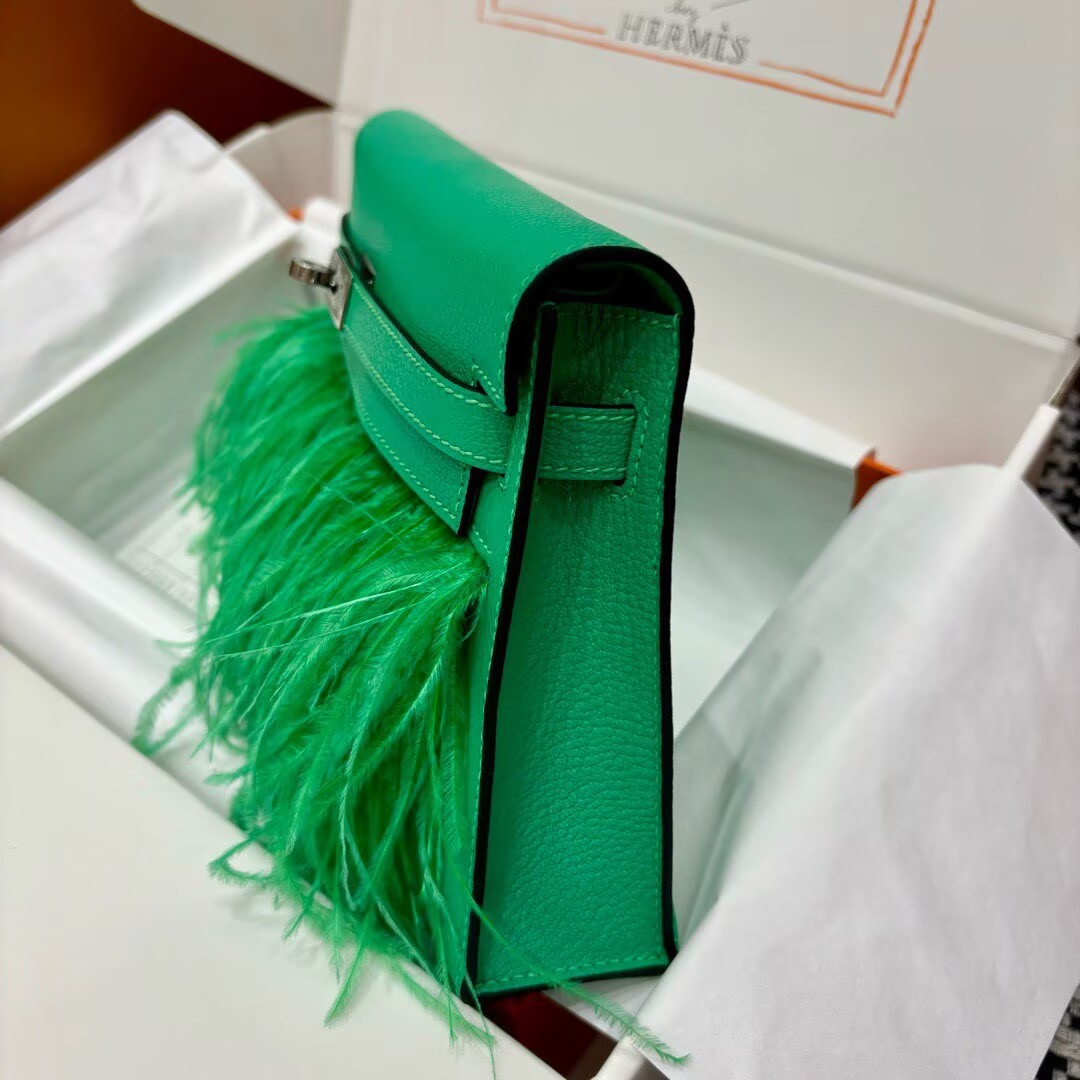 Hermes Kelly Elan Original Leather Ostich Feathers Bag 83210 Green