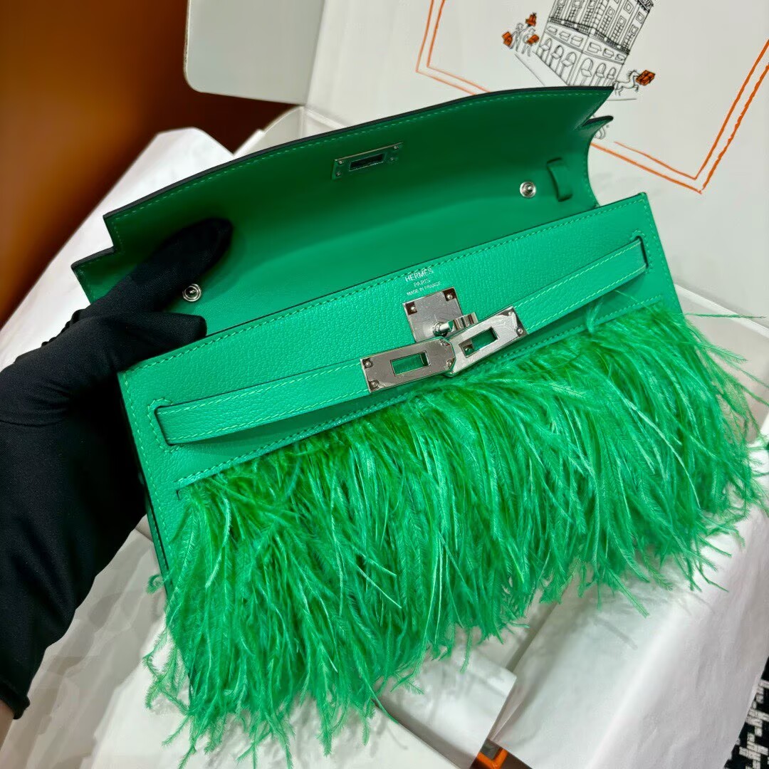 Hermes Kelly Elan Original Leather Ostich Feathers Bag 83210 Green