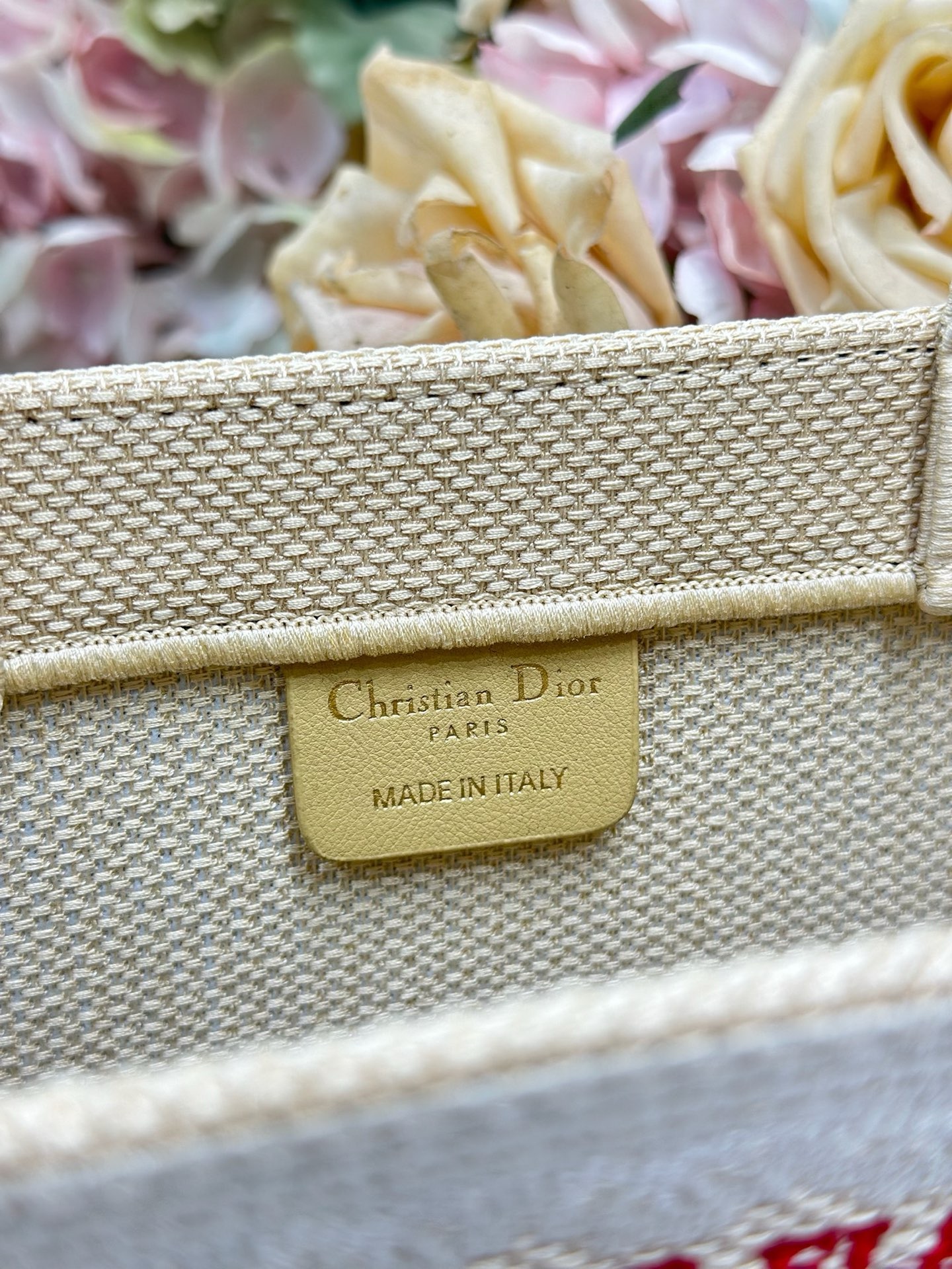Small Dior Book Tote with Strap Beige and Red Book Cover Embroidery M1404PE