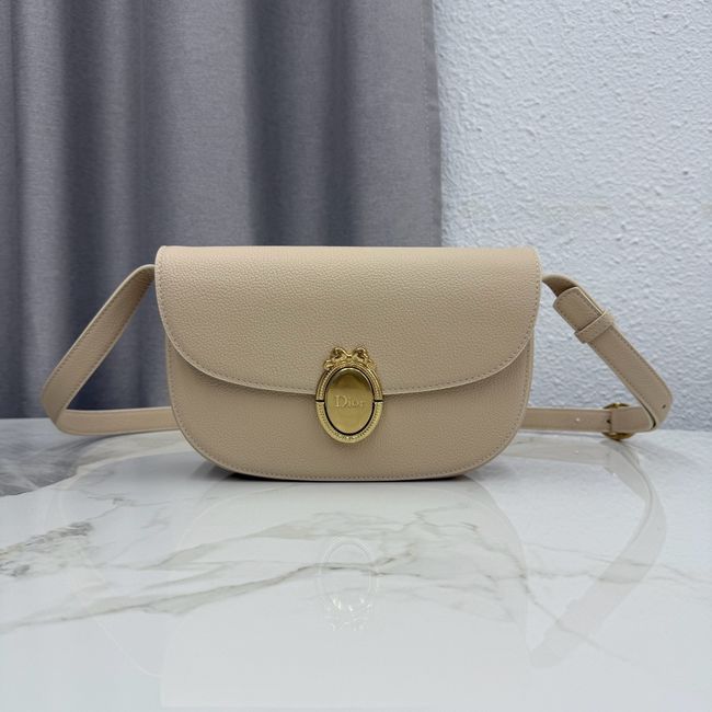 Medium Dior Medaillon Flap Bag Grained Calfskin M3920QD Apricot