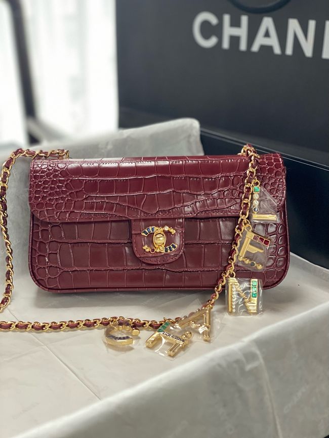 Chanel Clutch with chain Crocodile Embossed AS6340 Burgundy