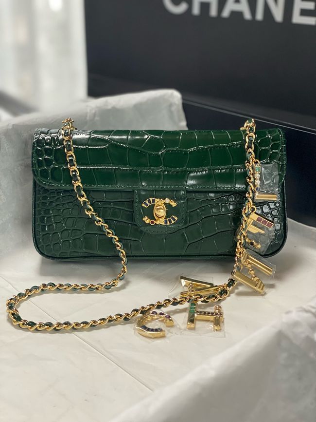 Chanel Clutch with chain Crocodile Embossed AS6340 dark green
