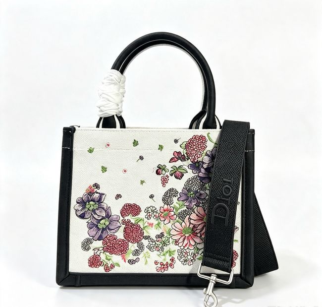 Small Dior Book Tote with Strap Multicolor Dior Hortensia Garden Embroidery M1404OEU