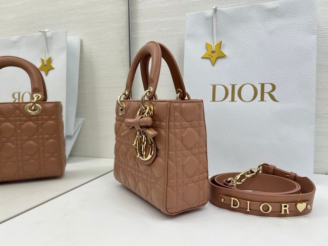 Small Lady Dior Bag with Strap Cannage Lambskin M0531OU dark pink