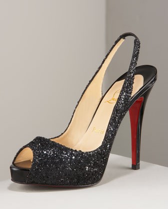Christian Louboutin Red Sole Shoes Black Glitter Slingback Platform Shoes