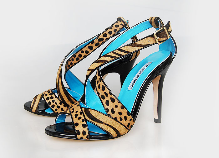 Manolo Blahnik double x-strap leopard print sandals