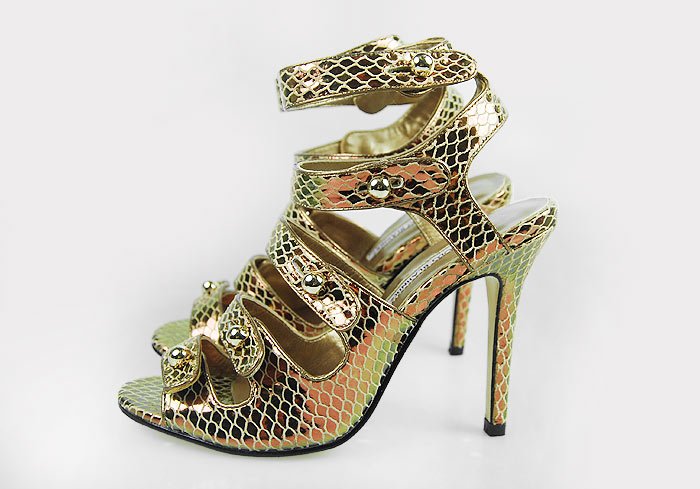 Manolo Blahnik five-buckle watersnake skin sandals golden