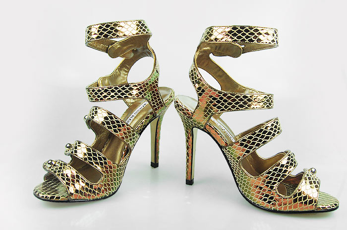 Manolo Blahnik five-buckle watersnake skin sandals golden