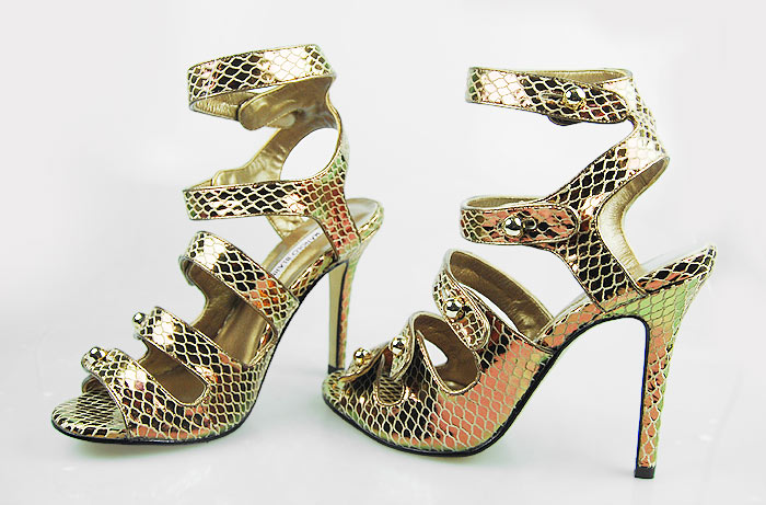 Manolo Blahnik five-buckle watersnake skin sandals golden