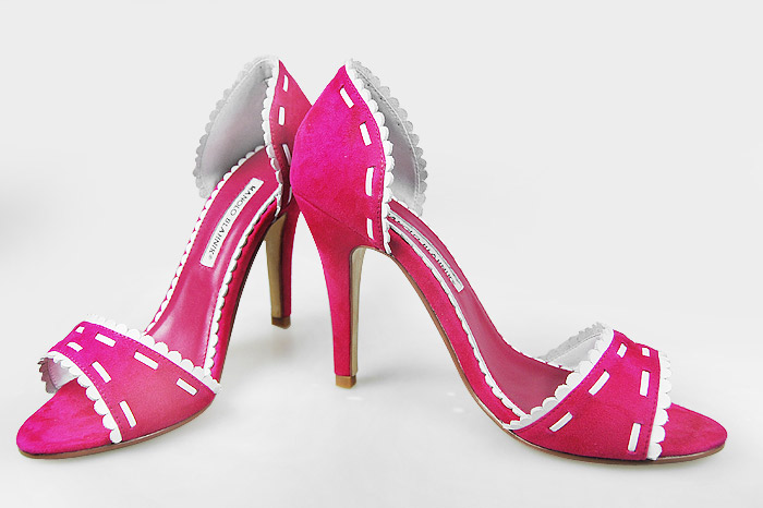 Manolo Blahnik lace-edged suede sandals fuchsia