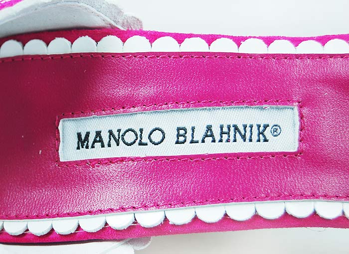 Manolo Blahnik lace-edged suede sandals fuchsia