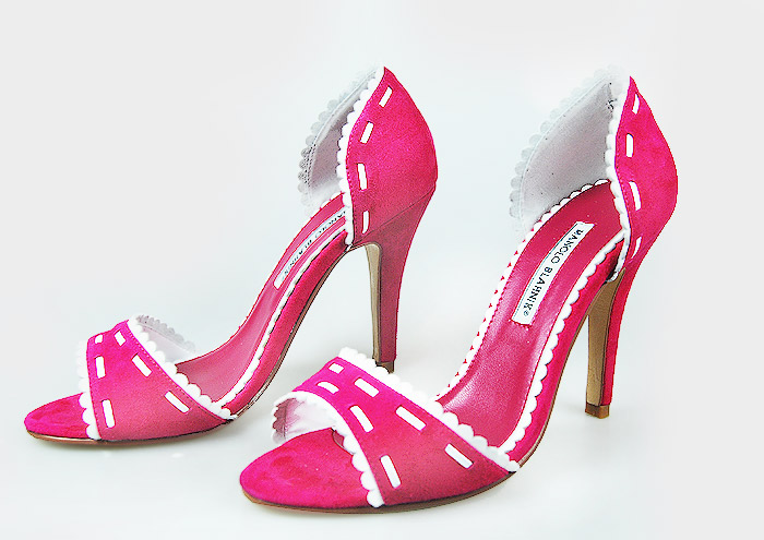 Manolo Blahnik lace-edged suede sandals fuchsia
