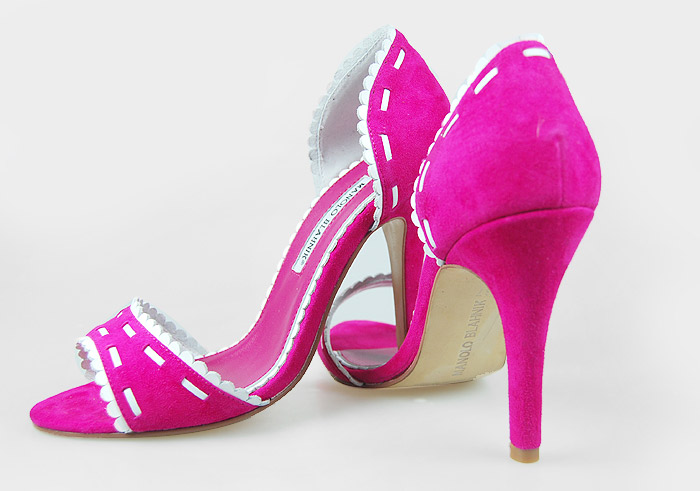 Manolo Blahnik lace-edged suede sandals fuchsia