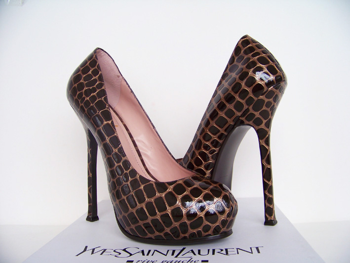 YSL Stone Print Cowhide Platform high heel Pumps Brown 