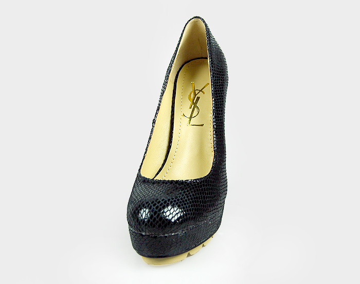 YSL Snakeskin print round toe high heel Pumps Black