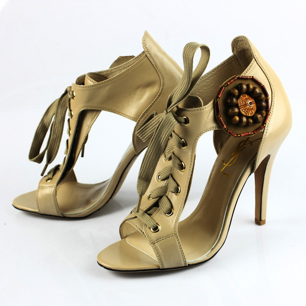 YSL chain cutout side copper ornamental high heel boot apricot