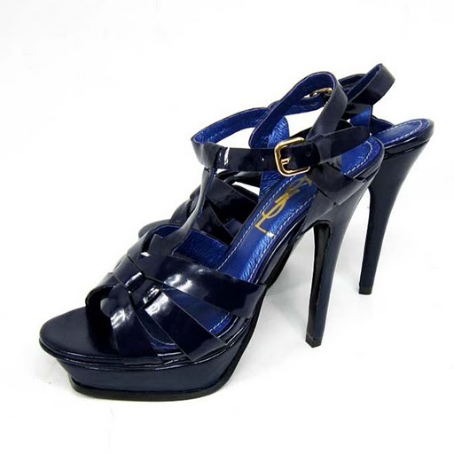 YSL front knot patent high heel sandals jewelry blue