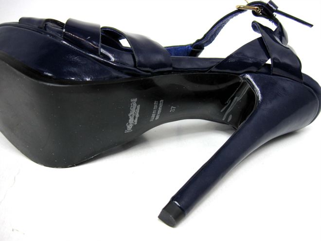 YSL front knot patent high heel sandals jewelry blue