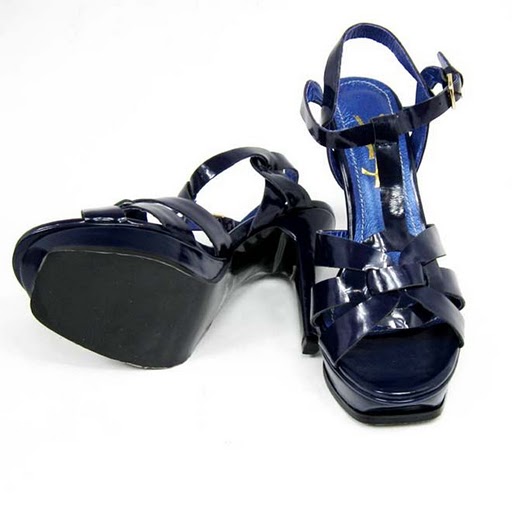 YSL front knot patent high heel sandals jewelry blue