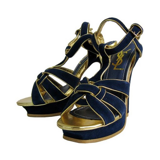 YSL front knot suede high heel sandals blue