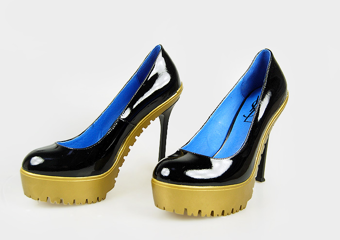 YSL patent yellow platform high heel pumps black