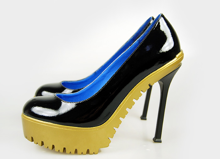 YSL patent yellow platform high heel pumps black