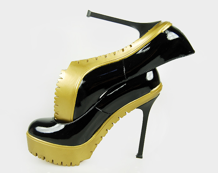 YSL patent yellow platform high heel pumps black