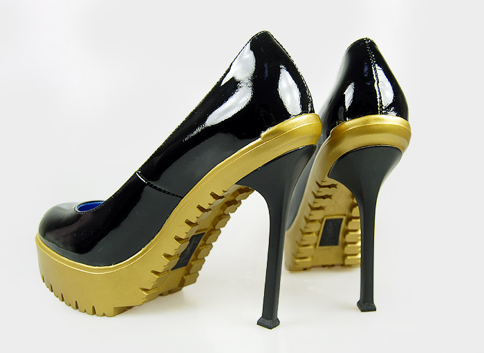 YSL patent yellow platform high heel pumps black