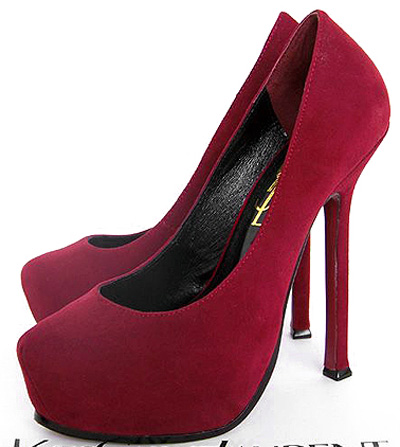 YSL platform suede high heel pump wine-red